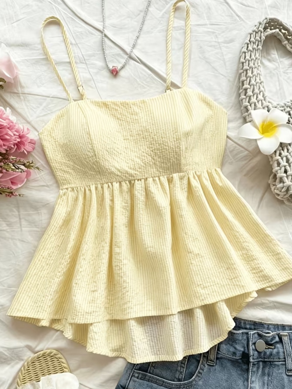 Yellow Spaghetti Strap Peplum Top